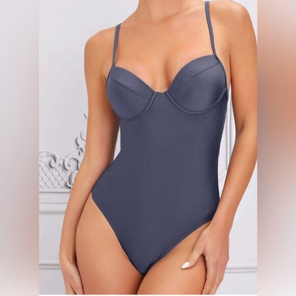 SHEIN Women's Dark Gray Solid Underwire One Piece Swimsuit, Size Medium - Picture 1 of 6